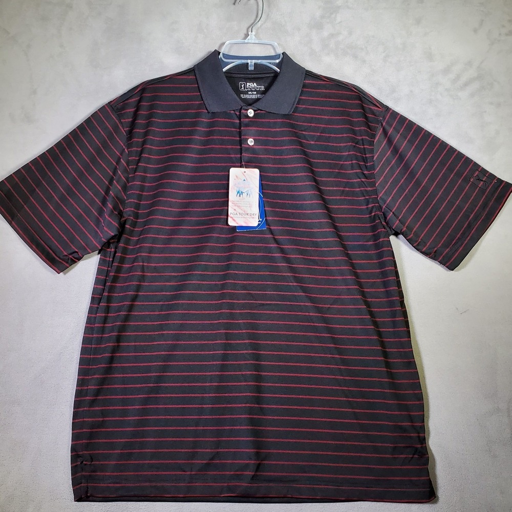 PGA Tour Polo Shirt Mens M Black Red Stripe Performance Active Golf Preppy‎ NEW